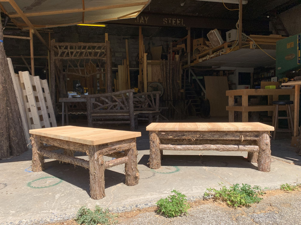 Outdoor rustic benches built for an outdoor table titled the Knapp Benches