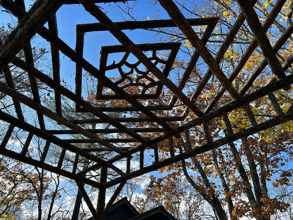 Rustic natural pergola made from bark-on cedar logs, twigs, and branches titled the Camptown Pergola