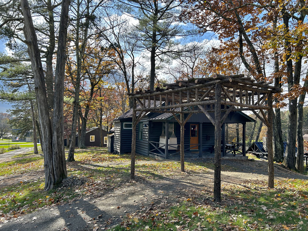 Rustic natural pergola made from bark-on cedar logs, twigs, and branches titled the Camptown Pergola