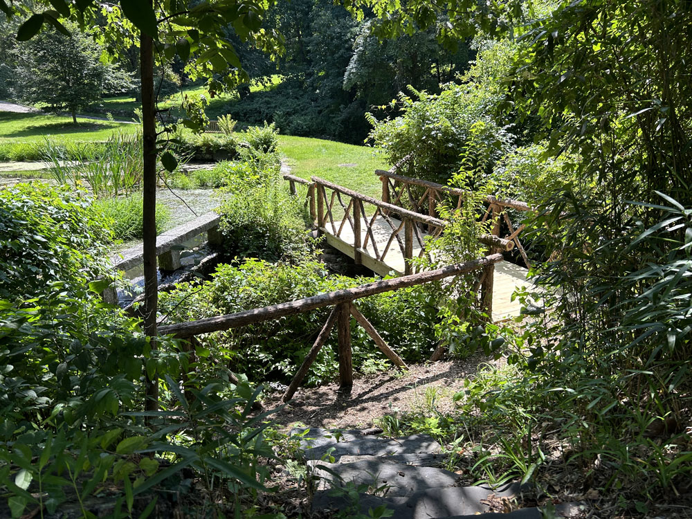 Rustic bridge built using bark-on trees and branches titled the Sunnyside Bridge