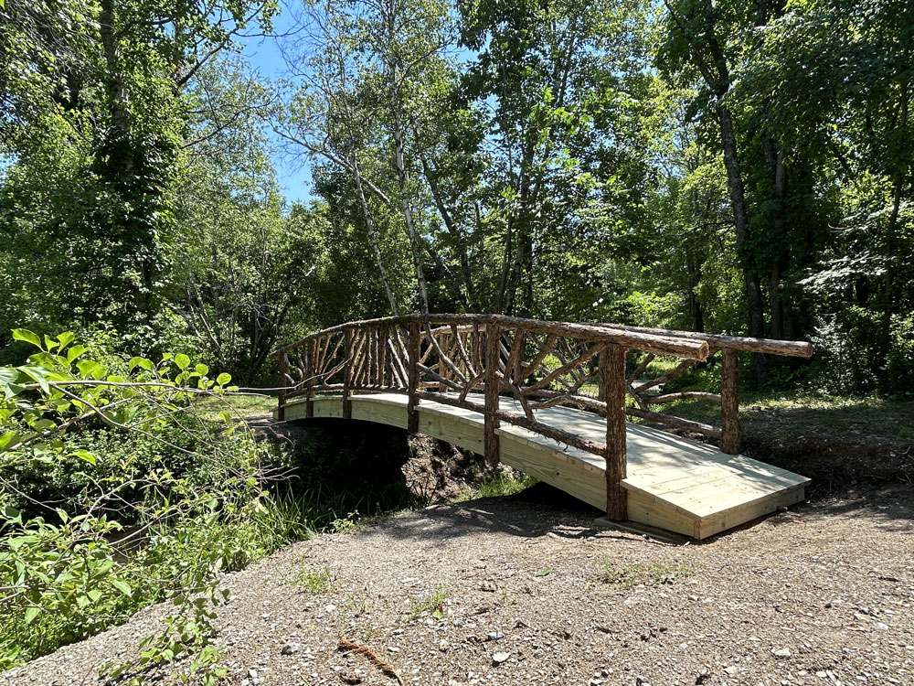 Rustic bridge built using bark-on trees and branches titled the Hillsdale Bridge 