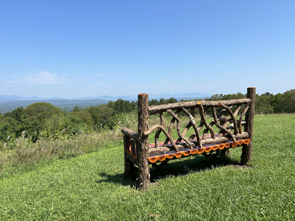 Outdoor park bench built in the rustic style using logs and branches titled the Mohonk Putnam Bench