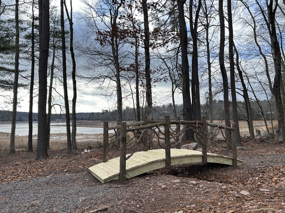 Rustic bridge custom built using cedar trees and branches titled the White Lake Bridge