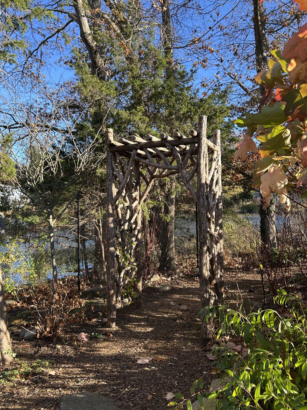 Rustic natural arbor made from bark-on cedar logs, twigs, and branches titled the Tyson Arbor