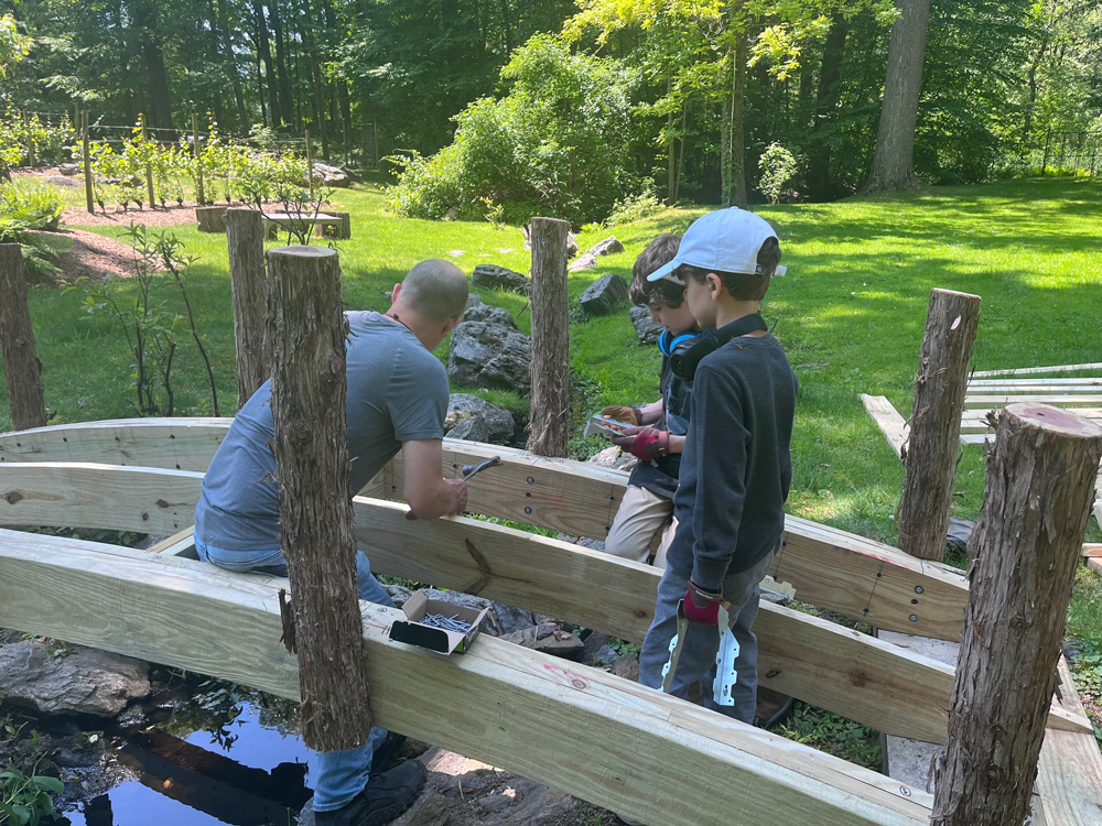 Rustic bridge built using bark-on trees and branches titled the Strum Vineyard Bridge