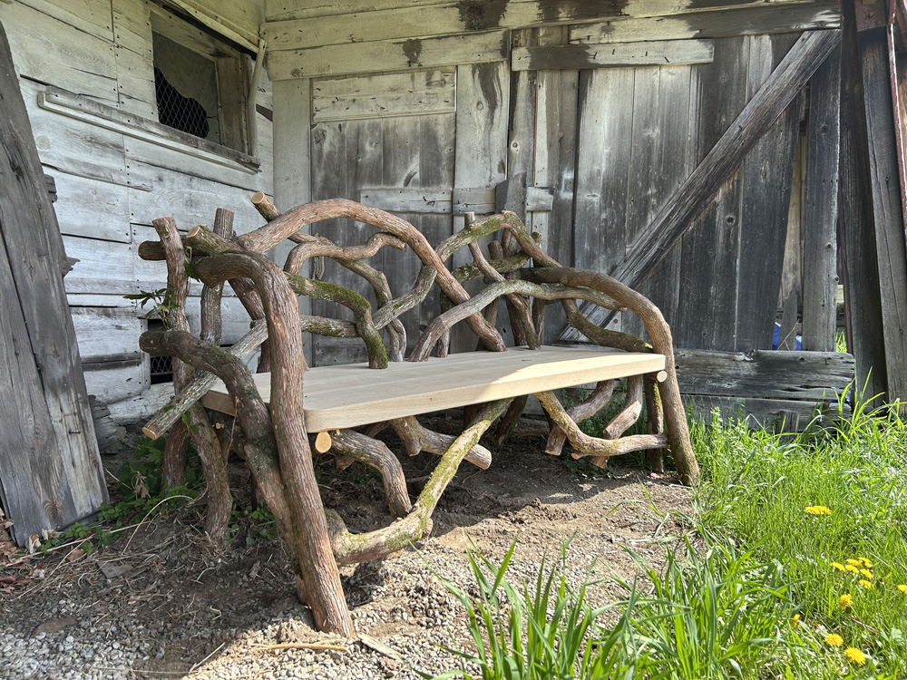 Outdoor rustic park bench built using mountain laurel trees titled the Olana Bench