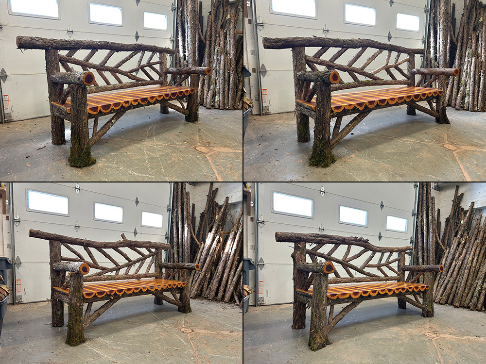 Outdoor rustic park bench built using eastern red cedar and mountain laurel trees and branches titled the Mohonk Bench