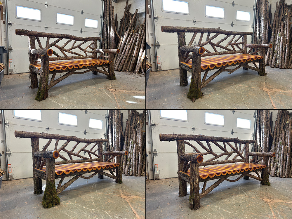 Outdoor rustic garden bench built using bark-on trees and branches titled the Falling Waters Bench