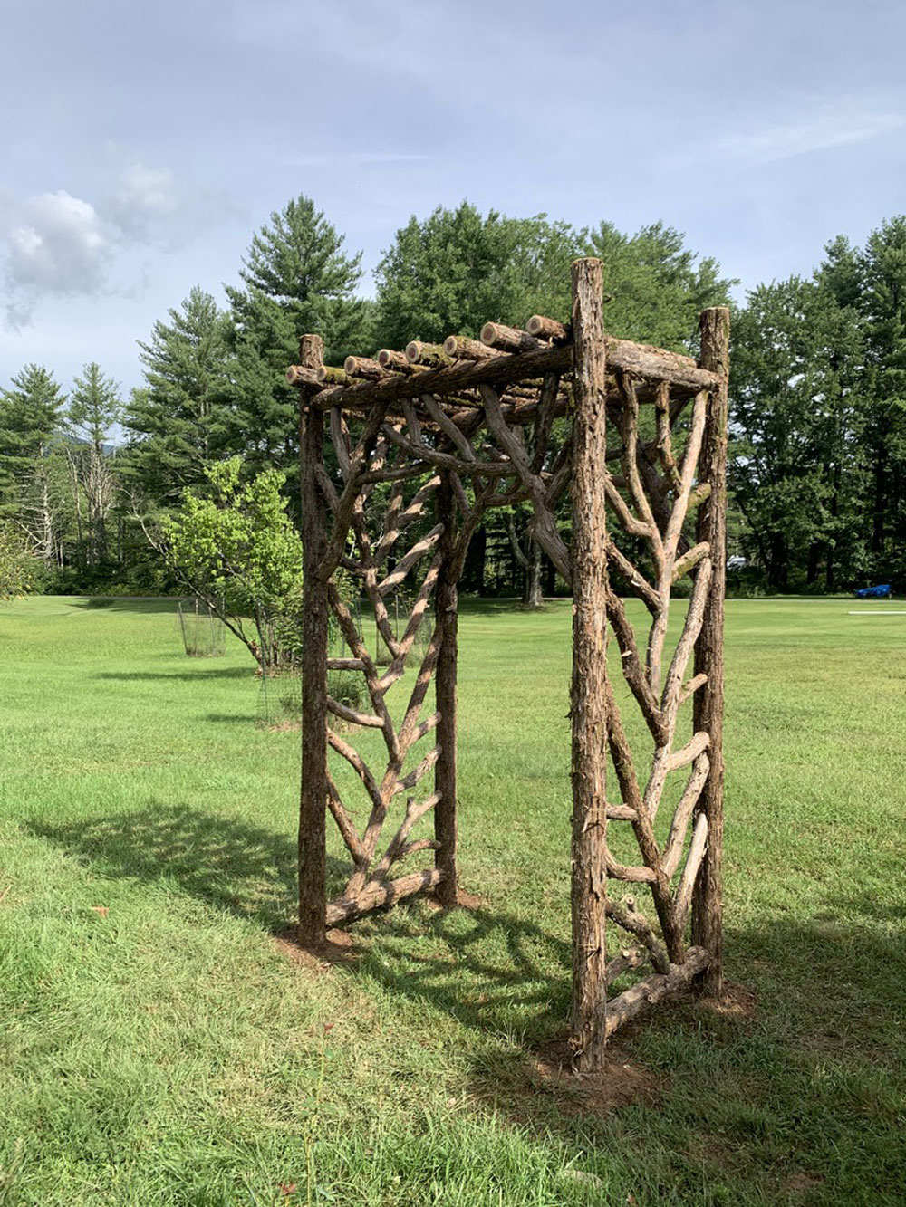 Rustic natural arbor made from bark-on cedar logs, twigs, and branches titled the Tyson Arbor