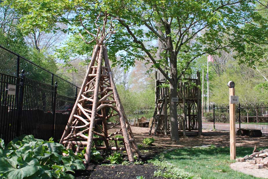 Outdoor rustic garden tepee built using bark-on trees and branches titled the Easton Tepee