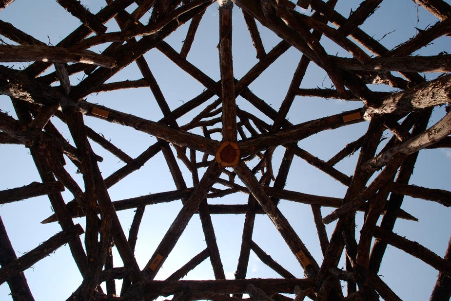 A detail of the roof of a unique rustic structure built using bark-on trees and branches titled the Unger House