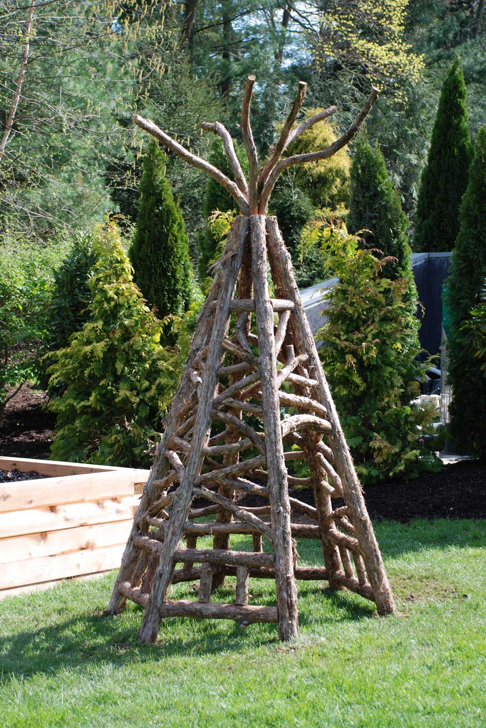 Outdoor rustic garden tepee built using bark-on trees and branches titled the Kend Tepee